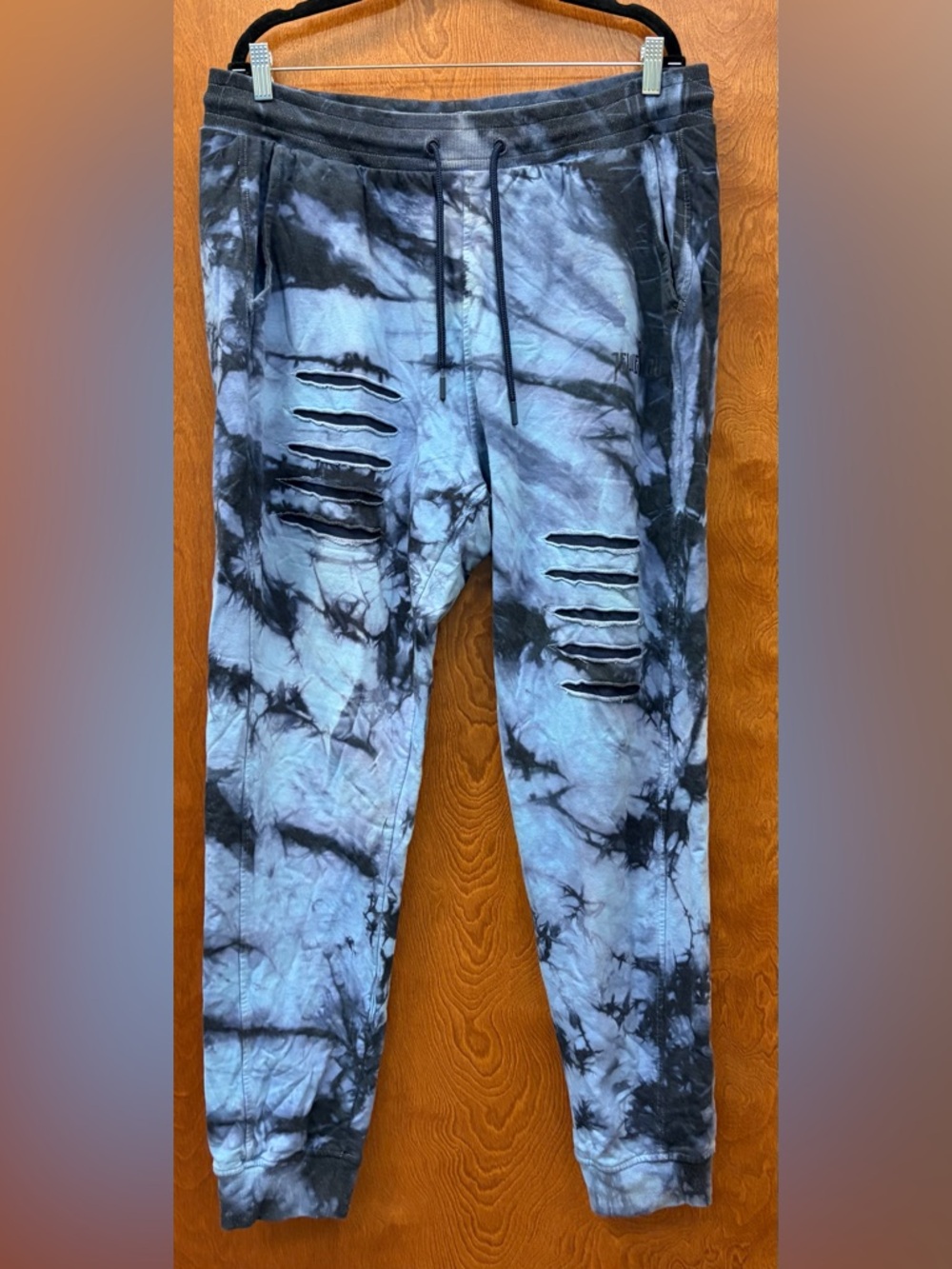 Jewel House tie-dye joggers distressed ripped blue black cuffed cotton blend XXL